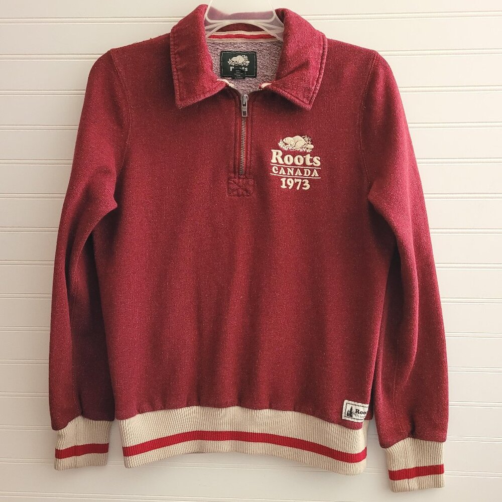 Roots Womens Quarter Zip Sweatshirt Medium Red Speckled Embroidered Logo Cuffs